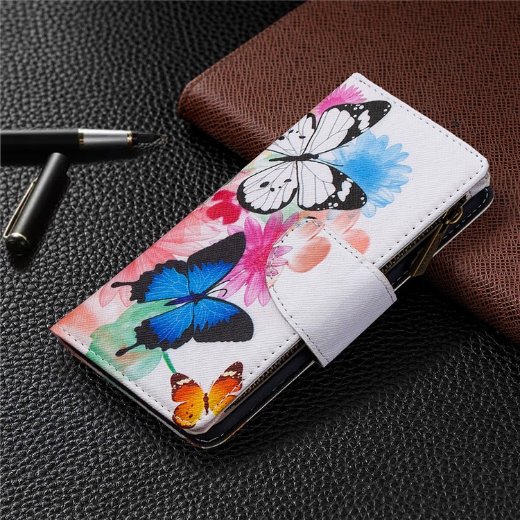 Pattern Zipper Pocket 9 Card Slots Leather Wallet Phone Case for Samsung Galaxy S20 Ultra - Three Butterflies-2