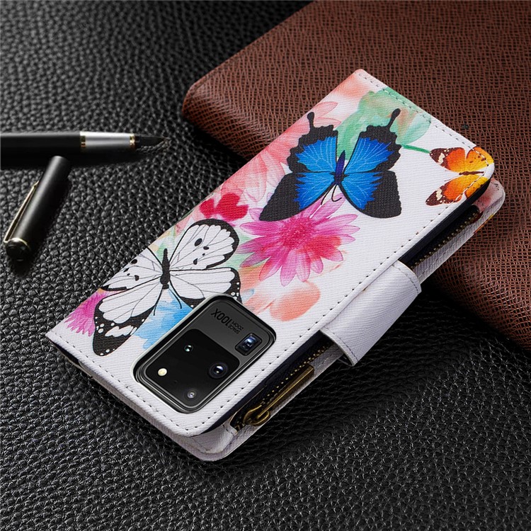 Pattern Zipper Pocket 9 Card Slots Leather Wallet Phone Case for Samsung Galaxy S20 Ultra - Three Butterflies-3