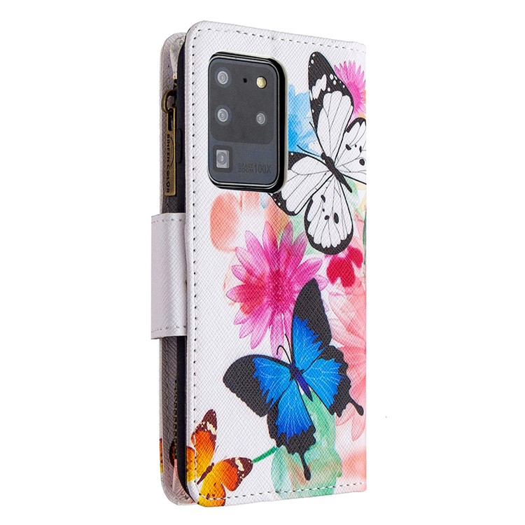 Pattern Zipper Pocket 9 Card Slots Leather Wallet Phone Case for Samsung Galaxy S20 Ultra - Three Butterflies-5