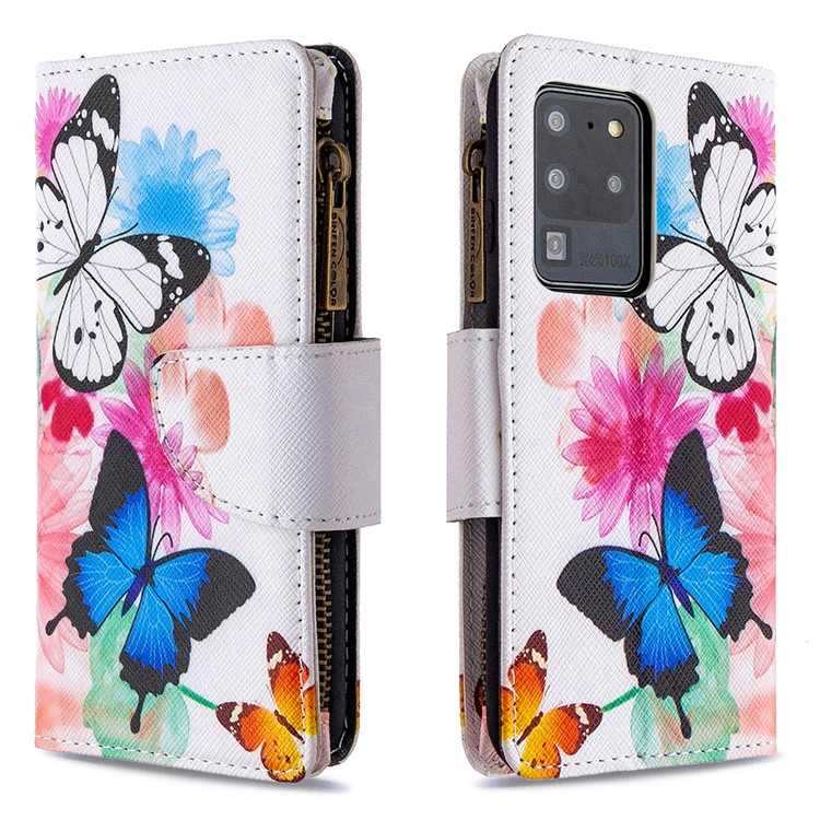 Pattern Zipper Pocket 9 Card Slots Leather Wallet Phone Case for Samsung Galaxy S20 Ultra - Three Butterflies-6