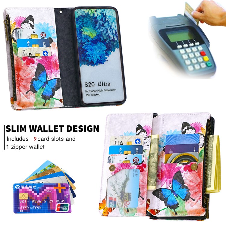 Pattern Zipper Pocket 9 Card Slots Leather Wallet Phone Case for Samsung Galaxy S20 Ultra - Three Butterflies-8