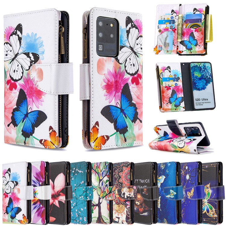 Pattern Zipper Pocket 9 Card Slots Leather Wallet Phone Case for Samsung Galaxy S20 Ultra - Three Butterflies-9