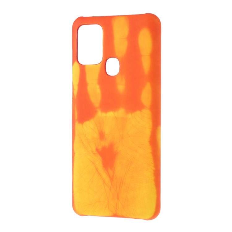 Indução Térmica Alteração de Cor Fluorescente PC Revestido de Couro PC Traseiro Para o Samsung Galaxy A21s - Laranja