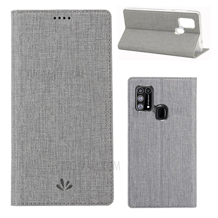 VILI DMX Cross Texture Card Holder Stand Leather Cover for Samsung Galaxy M31 - Grey-1