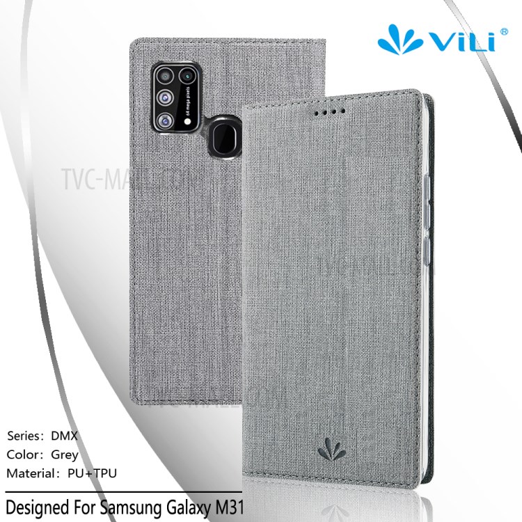 VILI DMX Cross Texture Card Holder Stand Leather Cover for Samsung Galaxy M31 - Grey-9