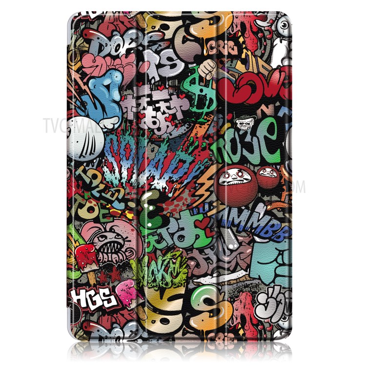 A Impressão De Padrões Tri-dobra Couro Suporte Caso Inteligente Com Ranhura Caneta Para Guia Samsung Galaxy S6 Lite 10,4 P610 - Grafite Desenho Animado-2