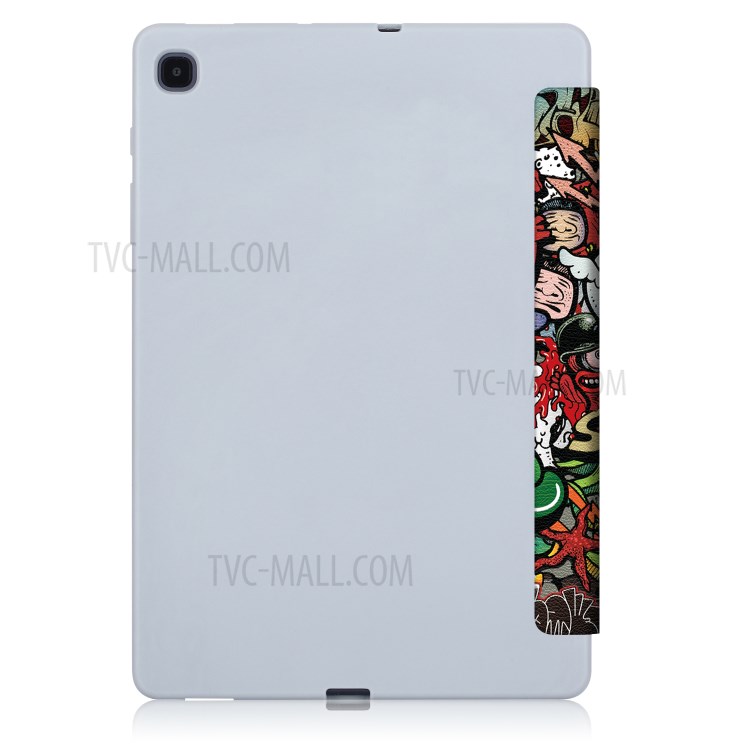 A Impressão De Padrões Tri-dobra Couro Suporte Caso Inteligente Com Ranhura Caneta Para Guia Samsung Galaxy S6 Lite 10,4 P610 - Grafite Desenho Animado-3