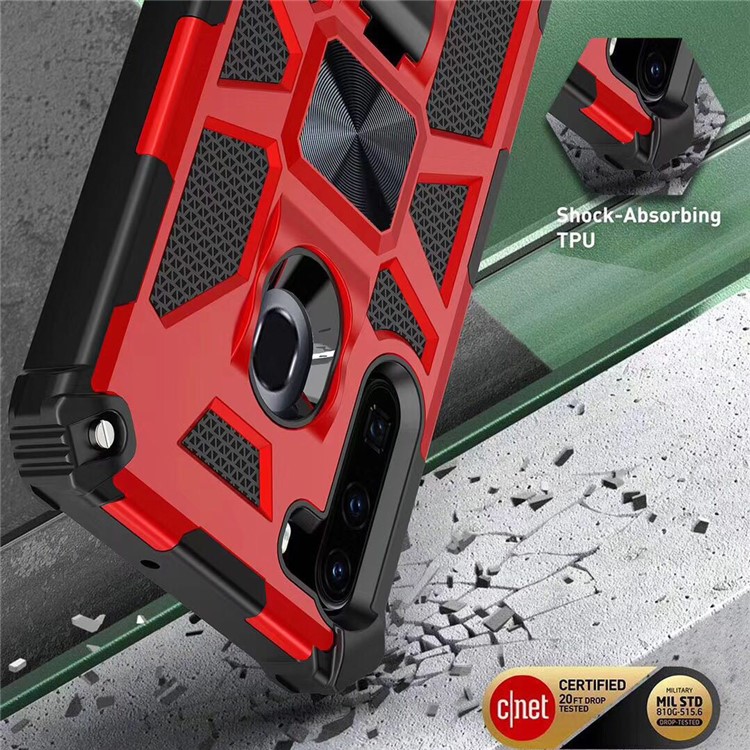 Kickstand Armor Dropproof PC TPU Hybrid Case with Magnetic Metal Sheet for Samsung Galaxy A21 - Red-4