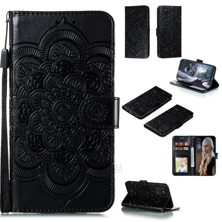 Flor De Couro Mandala Imprint Com Shell Cordão Para Samsung Galaxy A31 - Preto-1