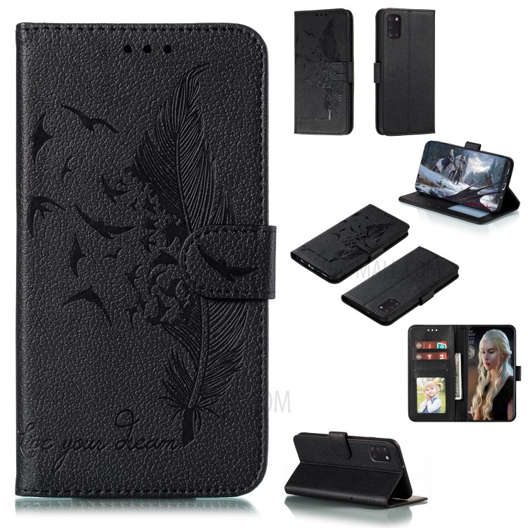 Litchi Texture Imprint Feather Wallet Leather Phone Cover for Samsung Galaxy A31 - Black-1