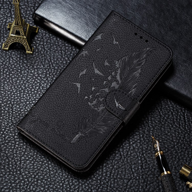 Litchi Texture Imprint Feather Wallet Leather Phone Cover for Samsung Galaxy A31 - Black-11