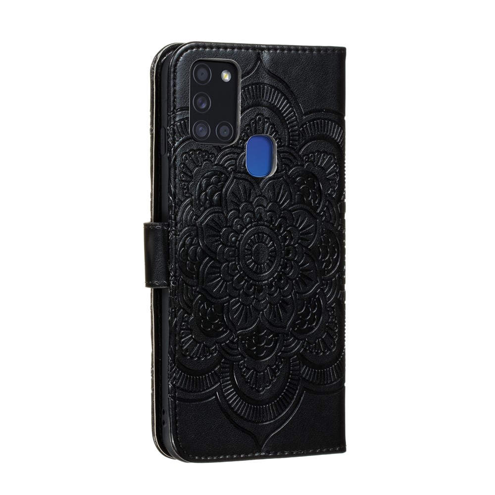 Impronta Guscio in Pelle di Fiori Mandala Per Samsung Galaxy A21s - Nero