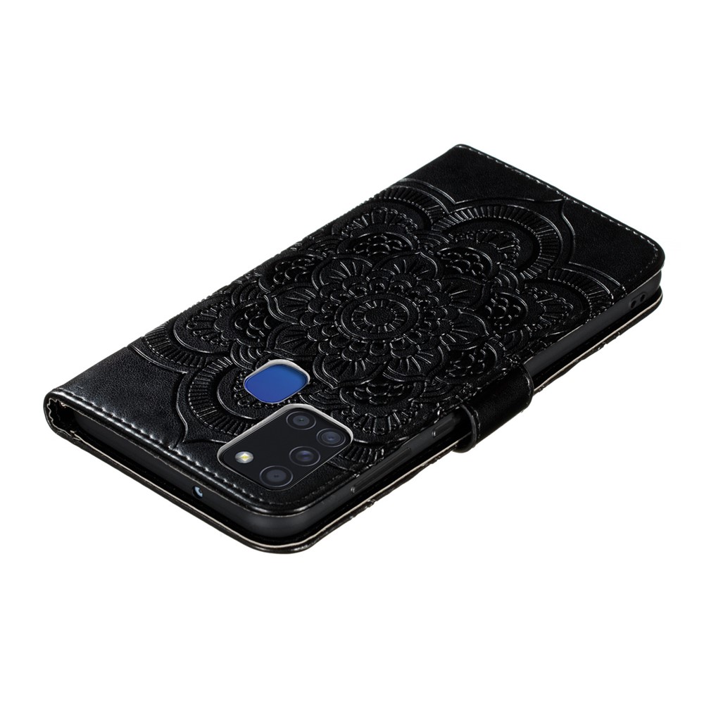 Impronta Guscio in Pelle di Fiori Mandala Per Samsung Galaxy A21s - Nero