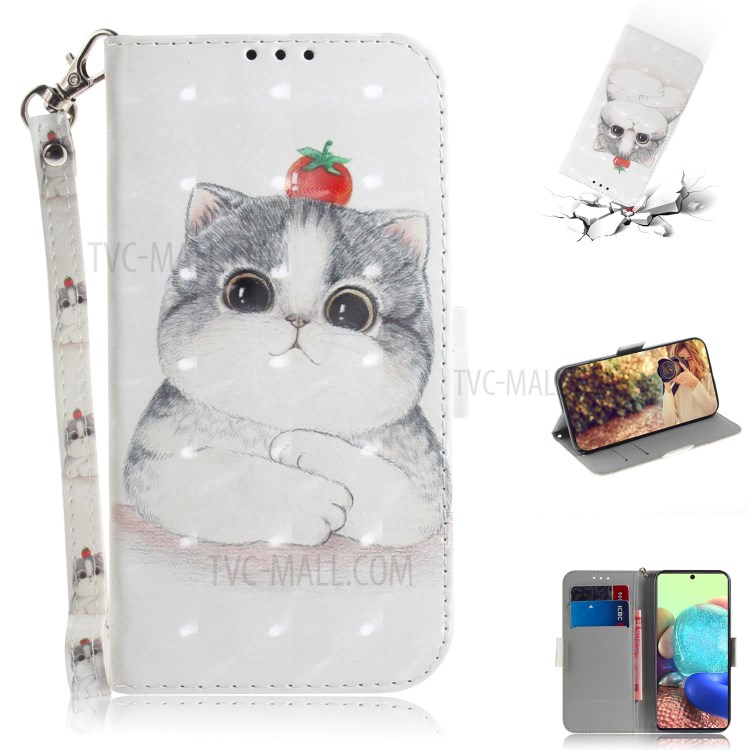 Light Spot Decor Pattern Printing Wallet Stand Leather Case with Strap for Samsung Galaxy A71 5G SM-A716 - Cute Cat-1