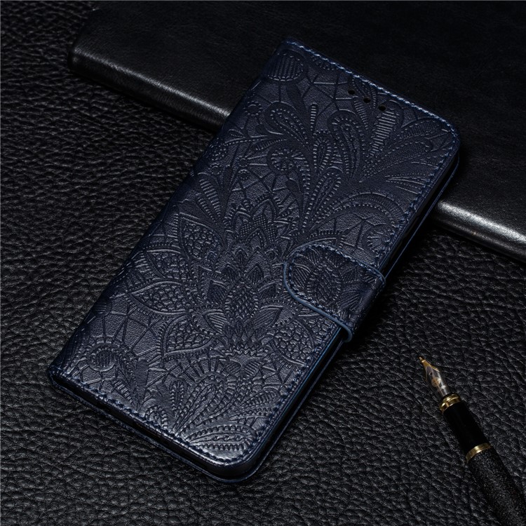 Lace Flower Imprinted Skin Leather Shell for Samsung Galaxy A21s - Dark Blue-11