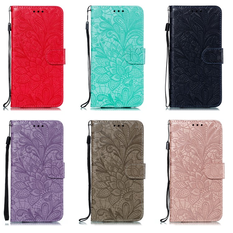 Lace Flower Imprinted Skin Leather Shell for Samsung Galaxy A21s - Dark Blue-12