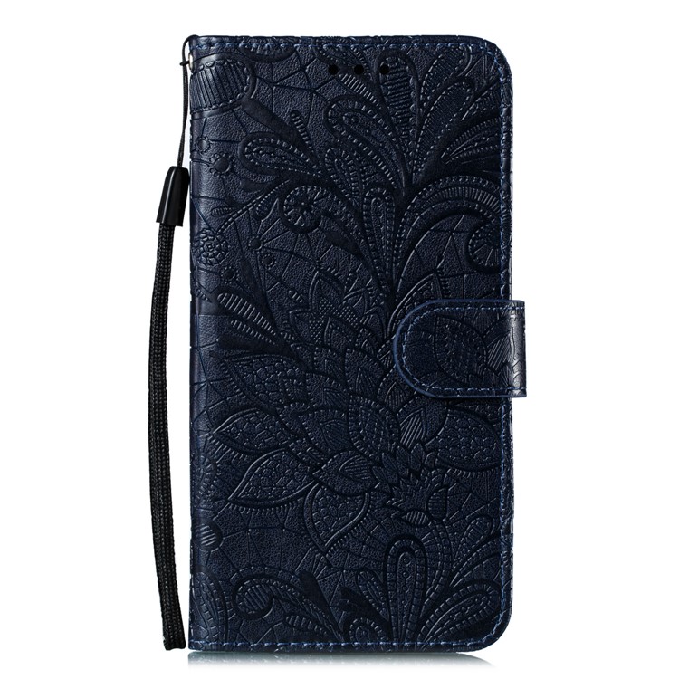 Lace Flower Imprinted Skin Leather Shell for Samsung Galaxy A21s - Dark Blue-2