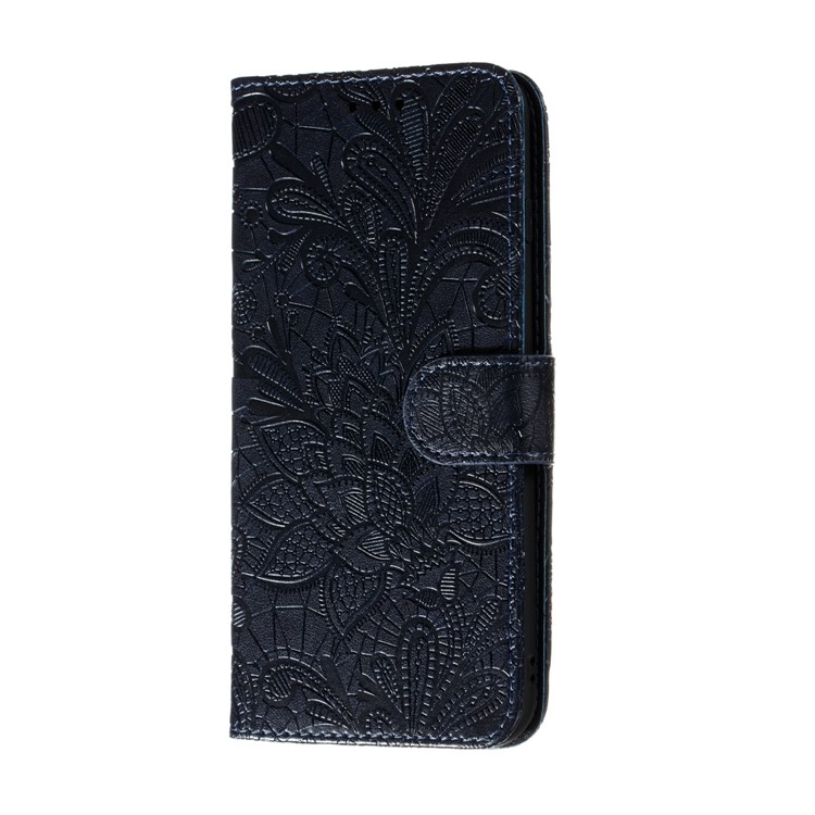 Lace Flower Imprinted Skin Leather Shell for Samsung Galaxy A21s - Dark Blue-3