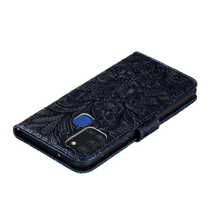 Shell Couro Pele Impresso Flor Rendas Para A21s Samsung Galaxy - Azul Escuro-7