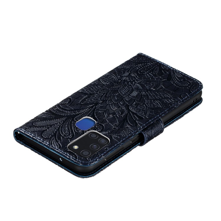 Lace Flower Imprinted Skin Leather Shell for Samsung Galaxy A21s - Dark Blue-7