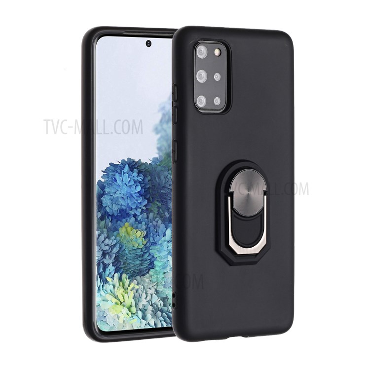 Finger Ring Kickstand Soft Silicone Phone Cover for Samsung Galaxy S20 Plus - Black-1