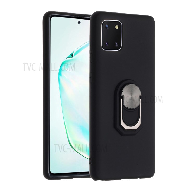 Finger Ring Kickstand Soft Silicone Protective Shell for Samsung Galaxy A81/Note 10 Lite - Black-1
