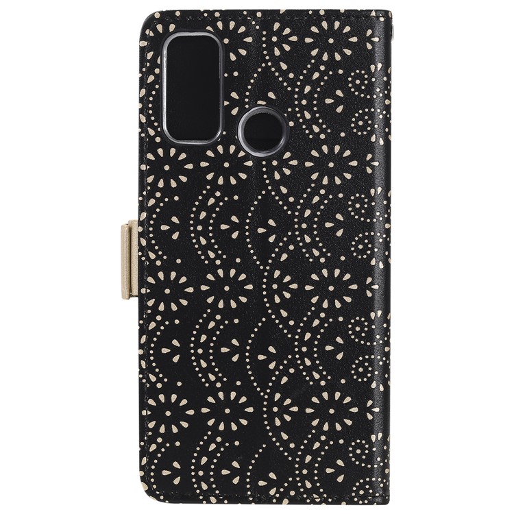 Étui de Téléphone à Coque en Cuir à Fermeture Éclair à Fleurs en Dentelle Pour Samsung Galaxy A21s - le Noir