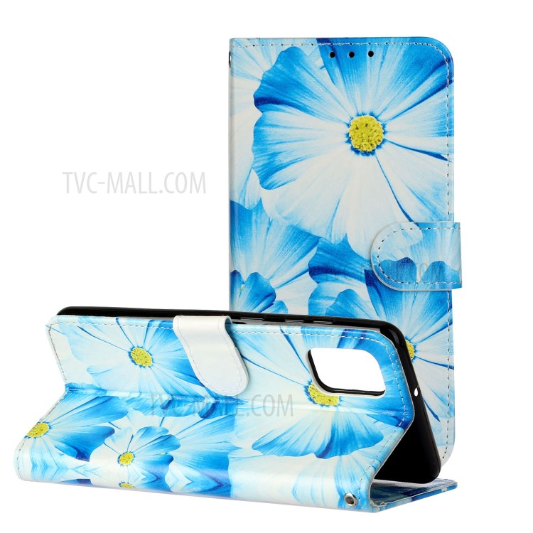 Pattern Printing Leather Wallet Cover Cell Phone Case for Samsung Galaxy A41 (Global Version) - Blue Flower-1