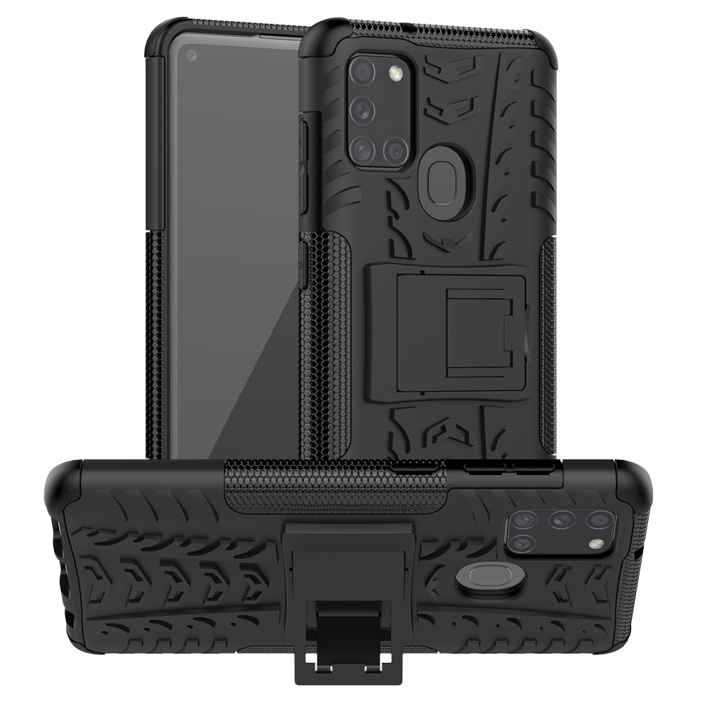 Case de Teléfono PC + TPU de Patrón de Neumáticos Cool Con Kickstand Para Samsung Galaxy A21s - Negro