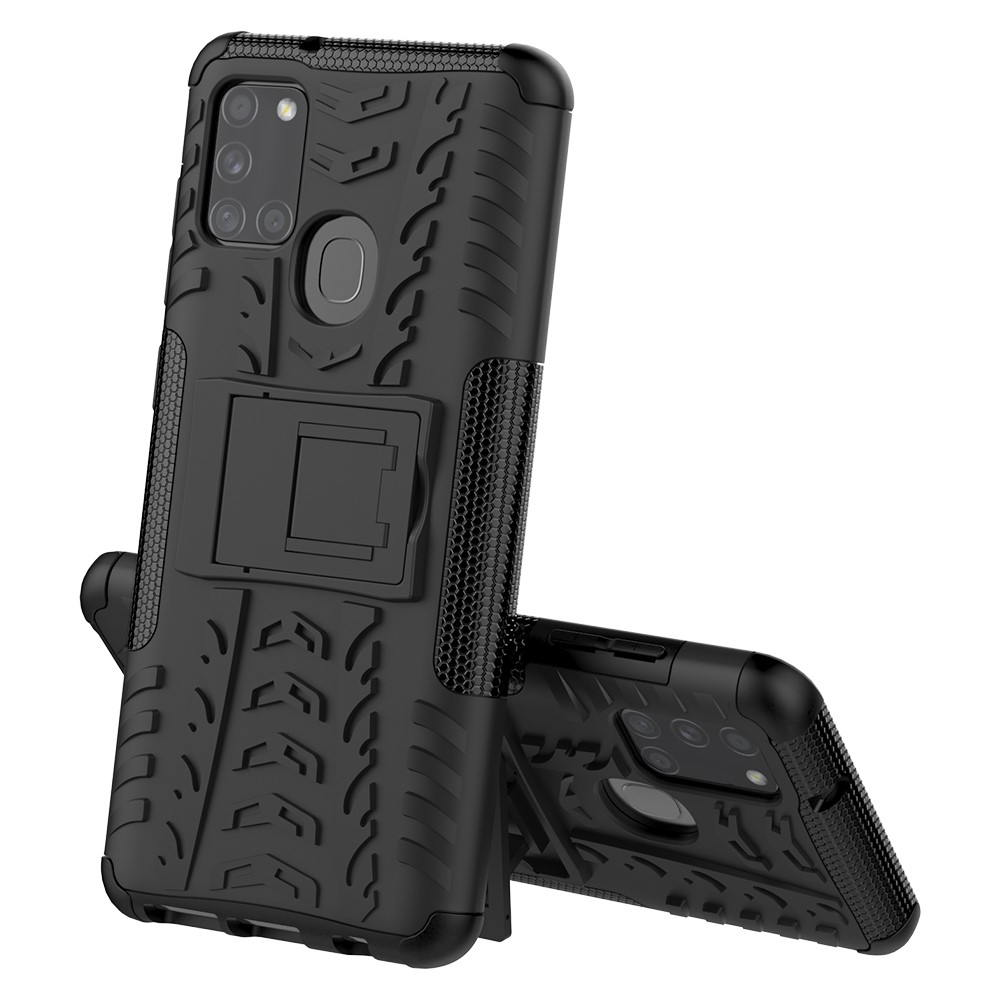 Case de Teléfono PC + TPU de Patrón de Neumáticos Cool Con Kickstand Para Samsung Galaxy A21s - Negro