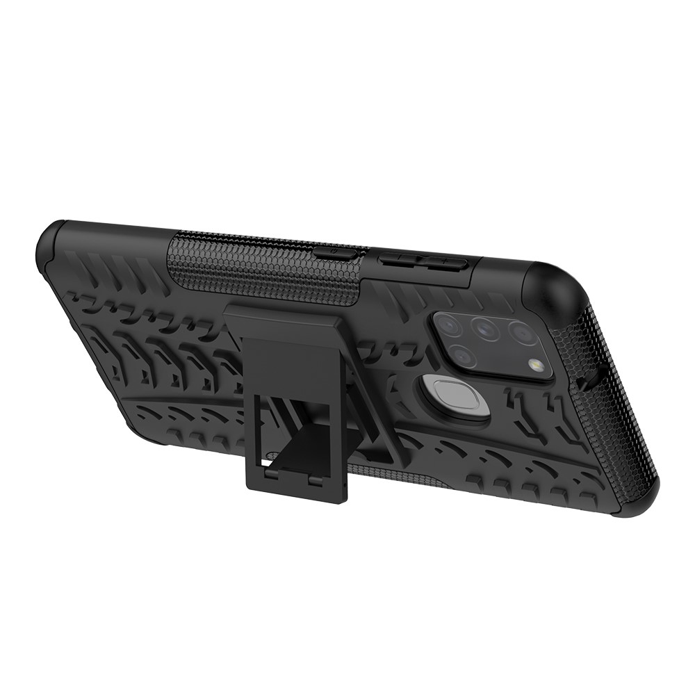 Case de Teléfono PC + TPU de Patrón de Neumáticos Cool Con Kickstand Para Samsung Galaxy A21s - Negro