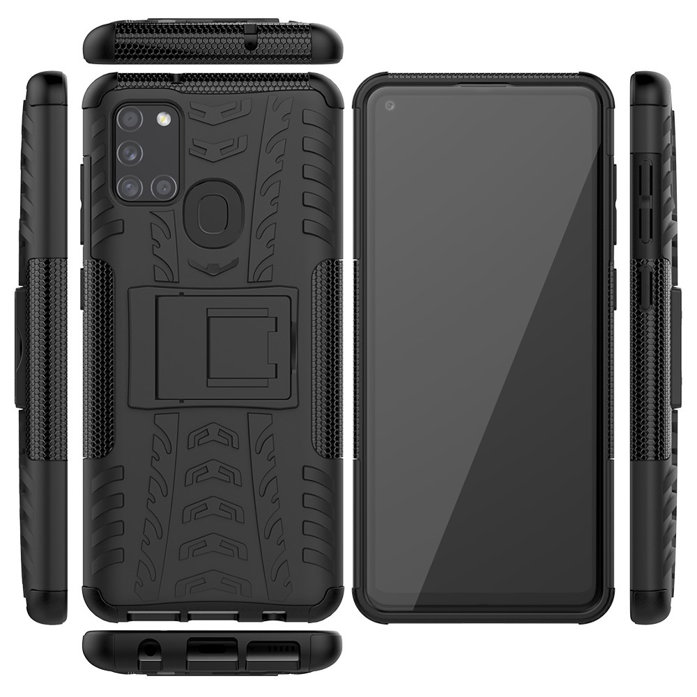 Case de Teléfono PC + TPU de Patrón de Neumáticos Cool Con Kickstand Para Samsung Galaxy A21s - Negro