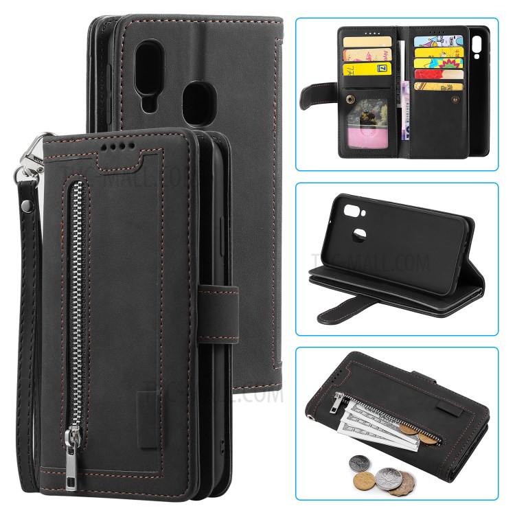 Poche À Fermeture Éclair 9 Fentes Porte-cartes De Portefeuille En Cuir Pour Samsung Galaxy A40 - Noir-1