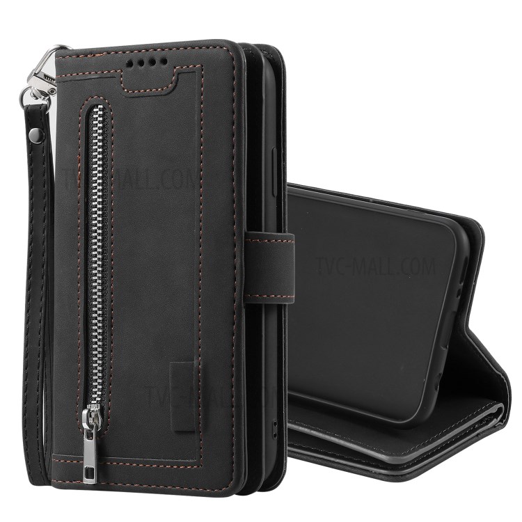 Poche À Fermeture Éclair 9 Fentes Porte-cartes De Portefeuille En Cuir Pour Samsung Galaxy A40 - Noir-2