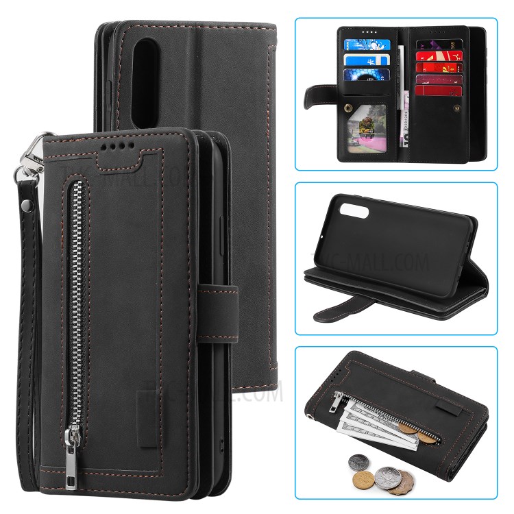 Zipper Pocket 9 Card Slots Leather Wallet Case for Samsung Galaxy A50 - Black-1