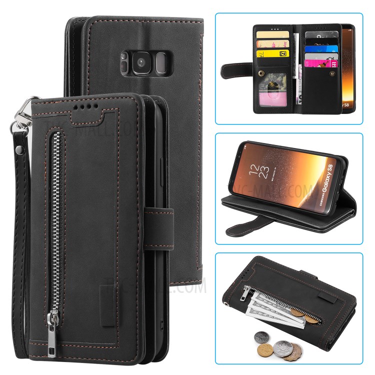 Bolso Com Zíper 9 Cartão Caso Ranhuras Carteira De Couro Suporte Para Samsung Galaxy S8 - Preto-1