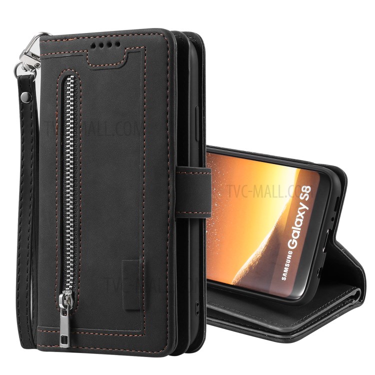 Bolso Com Zíper 9 Cartão Caso Ranhuras Carteira De Couro Suporte Para Samsung Galaxy S8 - Preto-2