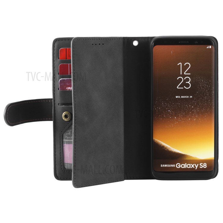 Bolso Com Zíper 9 Cartão Caso Ranhuras Carteira De Couro Suporte Para Samsung Galaxy S8 - Preto-8