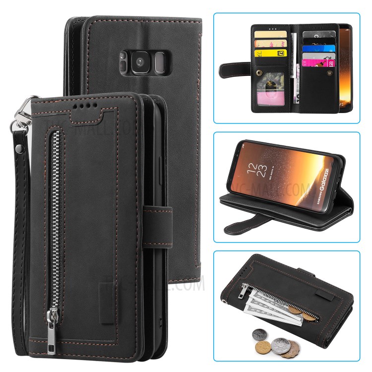 Bolso Com Zíper 9 Cartão Caso Slots De Couro Shell Carteira Para Samsung Galaxy S8 + / S8 Mais - Preto-1
