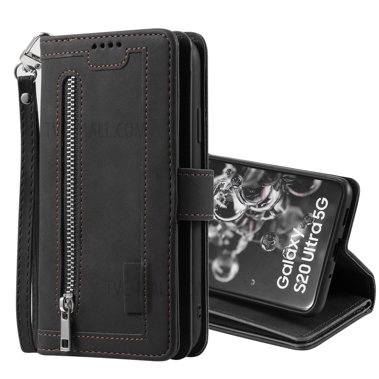 Zipper Pocket 9 Card Slots Leather Wallet Stand Case for Samsung Galaxy S20 Ultra - Black-13