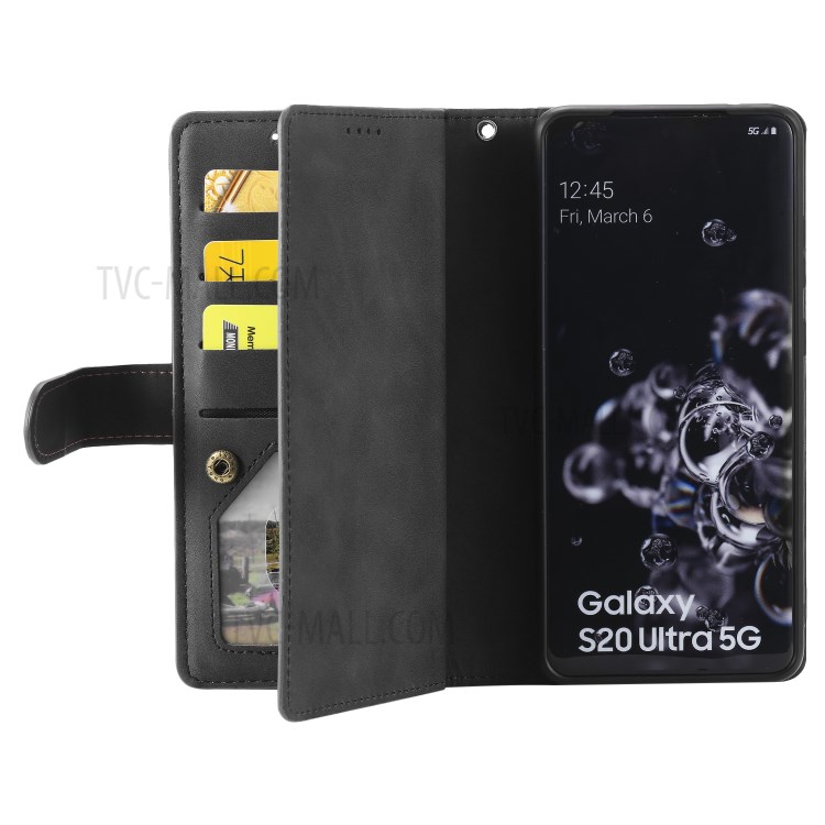 Zipper Pocket 9 Card Slots Leather Wallet Stand Case for Samsung Galaxy S20 Ultra - Black-8