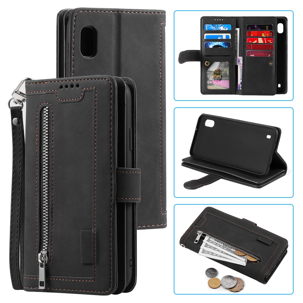 Bolsillo Con Cremallera 9 Tarjeta De Cubierta De La Carpeta Ranuras De Cuero Para Samsung Galaxy A10 - Negro-1