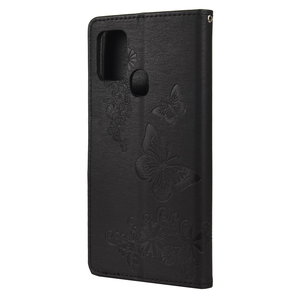 Imprint Flower Butterfly Leather Wallet Case for Samsung Galaxy A21s - Black-3