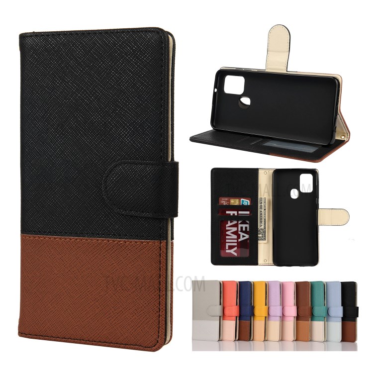 Contrast Color Splicing Cross Texture Leather Wallet Case for Samsung Galaxy A21s - Black / Coffee-1