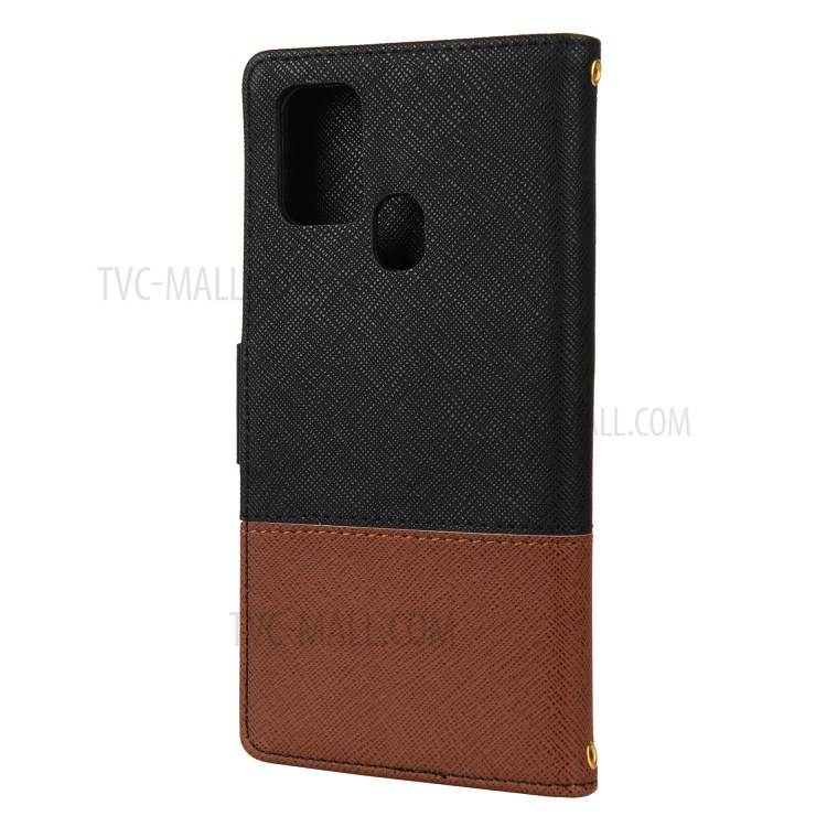 Contrast Color Splicing Cross Texture Leather Wallet Case for Samsung Galaxy A21s - Black / Coffee-3