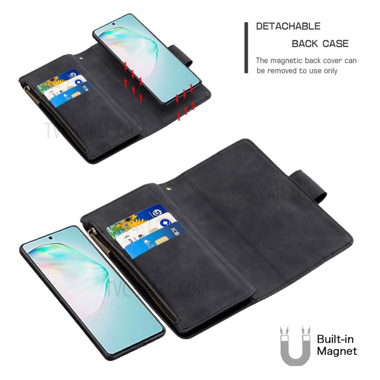 Zipper Pocket Detachable 2-in-1 Leather Wallet Stand Phone Shell for Samsung Galaxy A91 / S10 Lite - Black-7