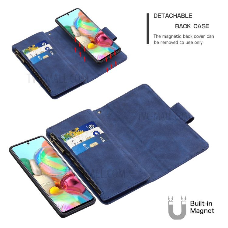 Zipper with Wallet Leather Shell for Samsung Galaxy A71 SM-A715 - Blue-2