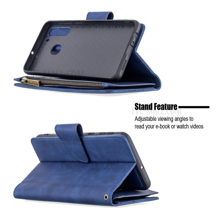 Zipper Unique Leather Shell for Samsung Galaxy A21 - Blue-6