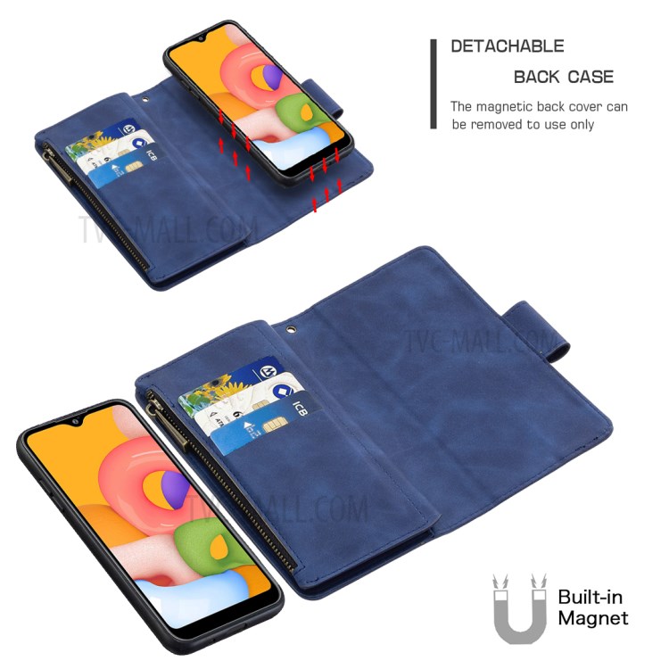 Zipper Stylish Style Case Leather Shell for Samsung Galaxy A01 - Blue-2