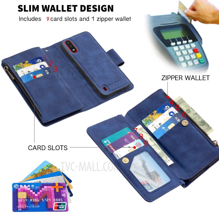 Zipper Stylish Style Case Leather Shell for Samsung Galaxy A01 - Blue-7